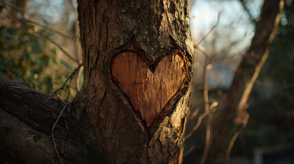 Heart carved into tree trunk in forest with branches and blurred background