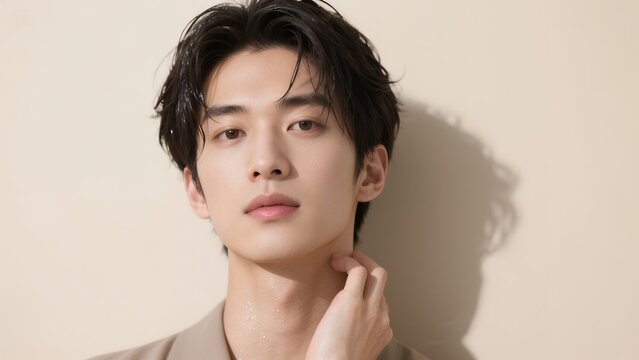 濡れた髪で首筋に触れるハンサムな若い男性