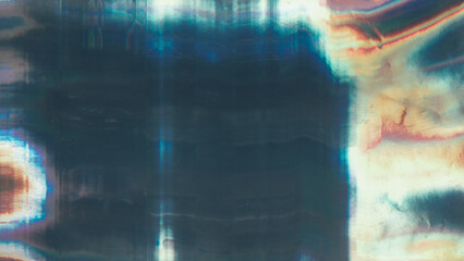 Damaged screen. Glitch glow flare. Fiction light color scratch defocused black background copy space. Distressed gradient distortion surface.