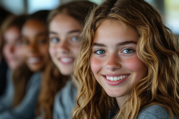 Obraz premium Young girls sitting in a row.