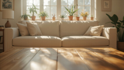 Fototapeta premium Sunlit Living Room with Sofa and Coffee Table Showing Sunlight Patterns couch