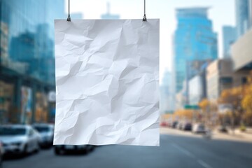 Naklejka premium Blank Crumpled Paper Mockup Suspended Over a Blurred Modern Cityscape