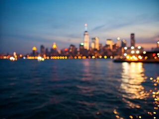 Photo of blurred skyline view of city at night with lights reflecting on the water, showcasing the urban landscape and architecture of the downtown district