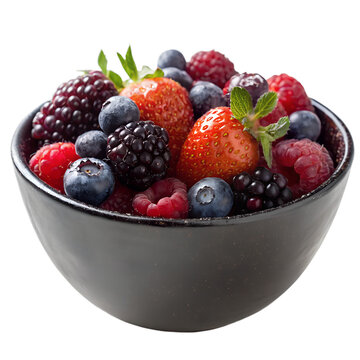 A close-up shot of a black bowl overflowing with a colorful assortment of fresh berries.