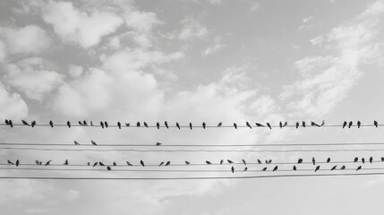 Numerous birds are perched on power lines, silhouetted against a cloudy sky during the late afternoon. The peaceful ambiance showcases nature's beauty in an urban setting.