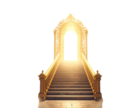 Golden Staircase Leading to Ornate Heavenly Gate in Cloudscape, Isolated on Transparent Background