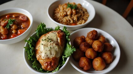 Hearty meal with chicken rice potatoes and stew