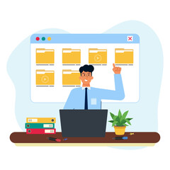 Young man organizing documents into cloud storage