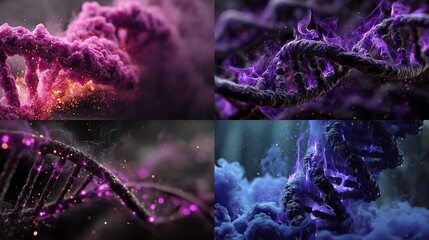 Four abstract DNA strands enveloped in colorful, mysterious smoke