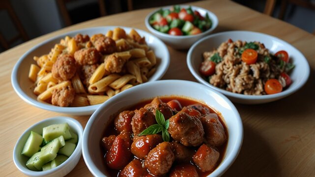 Delicious homemade italian dinner spread with pasta meatballs and salad - Powered by Adobe