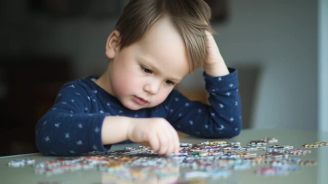 Young Child Concentrating on Solving Puzzle Pieces at Home in Natural Light Setting