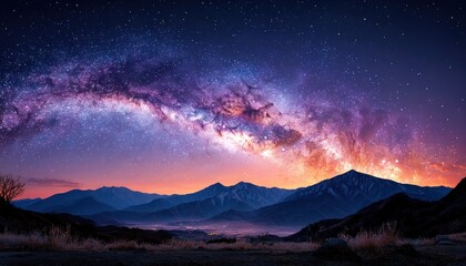 Milky Way over mountains at dawn