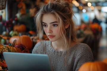 Woman sitting at a table with a laptop.