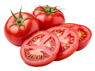 Fresh red tomatoes alongside juicy sliced tomato halves are displayed on transparent background
