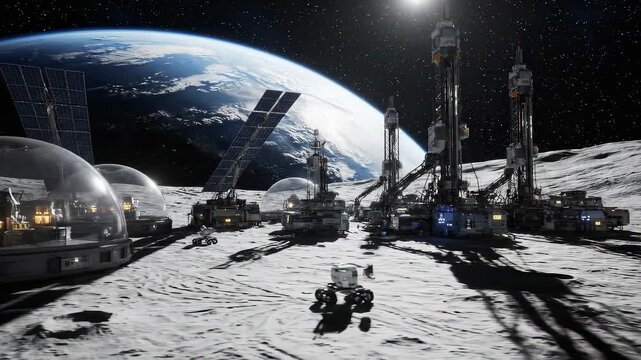 Future lunar base featuring advanced domes and mining structures under a starry sky with Earth visible in the distance, showcasing space exploration innovation.