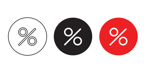 Set of discount percentage icons in badge shape. Includes outline, black solid, and red color styles. Perfect for sale labels, promotion banners, and marketing design. Vector illustration.