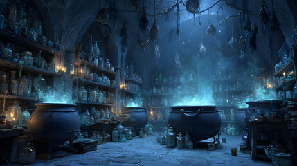 A background of a witch’s potion room filled with bubbling cauldrons, shelves of spell books, potion bottles, and eerie blue lighting, magical and spooky