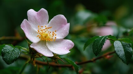 Obraz premium A pink flower displays its soft petals, surrounded by glistening green leaves. Raindrops cling to the leaves, creating a serene atmosphere in the garden.