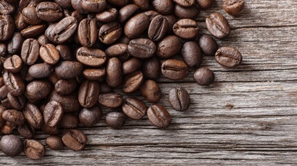 Fototapeta premium A collection of freshly roasted coffee beans rests scattered on a textured wooden surface. The warm lighting highlights the rich color and sheen of the beans, creating an inviting scene.