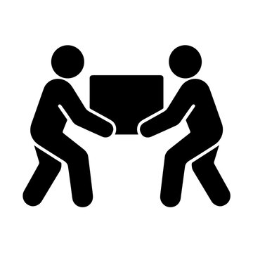 Two people lifting a box icon with solid fill representing teamwork and shared responsibility