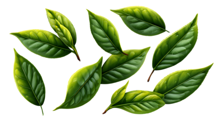 Collection of fresh green tea leaves isolated on transparent background