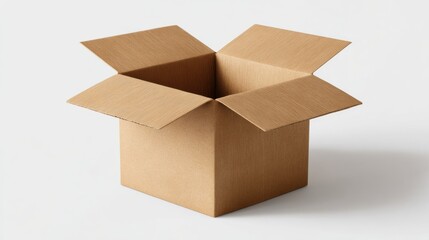 A square, open cardboard box sits on a clean, white surface, with its flaps raised. It is empty and awaiting items to be packed or stored, useful for shipping or organization.