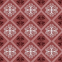 Pattern of alternating white and dark brown ornamental designs within diamond shapes on a maroon background.