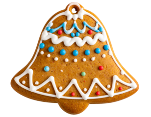 Christmas Bell Shaped Cookie with Icing Details and Sprinkles, Top View, Isolated