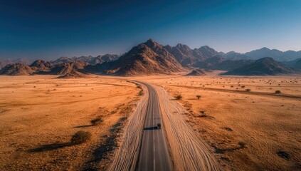 Naklejka premium Desert highway, mountain backdrop, aerial view