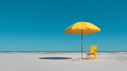 Minimalist Beach Scene with Yellow Umbrella and Chair