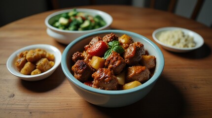 Hearty beef stew with vegetables and grains on wooden table
