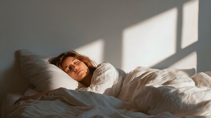 A person sleeping peacefully in a minimalist bedroom, bathed in soft morning light that enhances relaxation.
