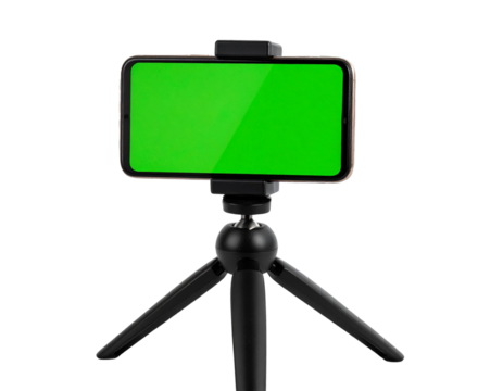 Smartphone with Green Screen Mounted on Tripod, Front View, isolated on transparent background PNG