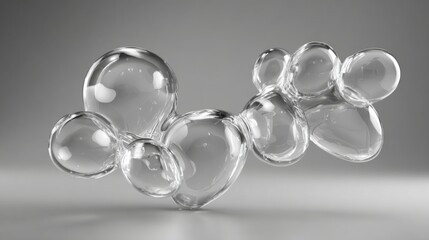 Intricate glass bubbles in various sizes are arranged elegantly on a grey background, reflecting light and creating an atmospheric composition perfect for contemporary decor.