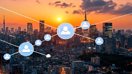 Global network connections and communication technology over cityscape background - Powered by Adobe