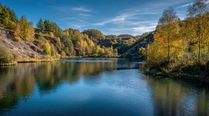 Fototapeta premium A picturesque lake mirrors the vibrant colors of autumn trees under a clear blue sky. The scene showcases nature's beauty in a quiet, peaceful environment, perfect for relaxation.