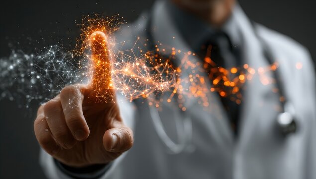 Doctor's finger interacts with glowing, abstract data network