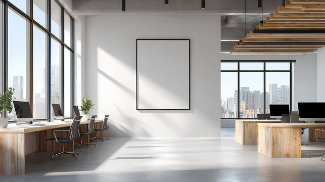 Minimalist office interior with blank wall for poster mockup and bright open workspace with modern furniture and large windows for natural light. 3D Rendering Stock Illustration