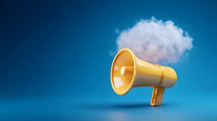 Striking yellow megaphone with a cloud like speech bubble on a bold blue background