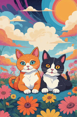Groovy Cats in Love Psychedelic 70s Vector Illustration