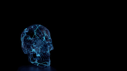 Bioluminescent neural networks pulsing inside a translucent human skull in darkness.