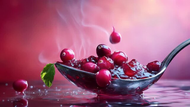 Cranberry sauce in a spoon food commercial scene
