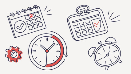 Obraz premium Illustration showing calendars, clocks, and a gear, all outlined with red accents and black lines