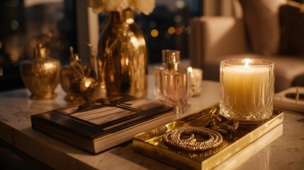 Fototapeta premium Create a cozy atmosphere at home with golden warm lighting. Enjoy a relaxed evening routine in comfort and style.