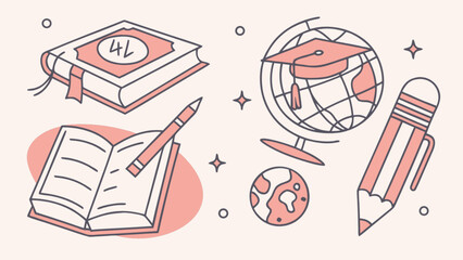 Illustration of books globe pencil and graduation cap representing education and learning materials drawn