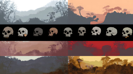 Evolutionary timeline of transforming skulls against changing food source landscapes.