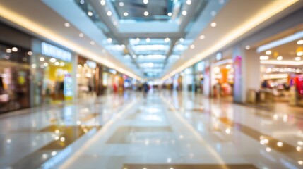 Obraz premium A bustling shopping mall features a shiny floor and bright lights as shoppers navigate between colorful storefronts. The atmosphere is lively with excitement and activity.