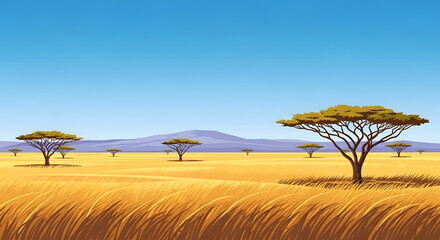 Sunny Savanna Landscape with Golden Grass and Acacia Trees