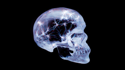 Bioluminescent neural networks pulsing inside a translucent human skull in darkness.