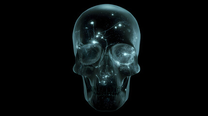 Bioluminescent neural networks pulsing inside a translucent human skull in darkness.
